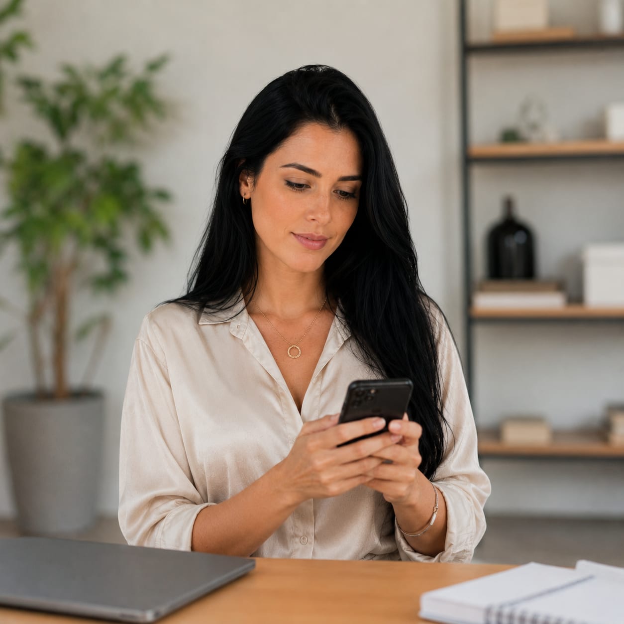 Mulher consultando antecedentes e processos pelo celular