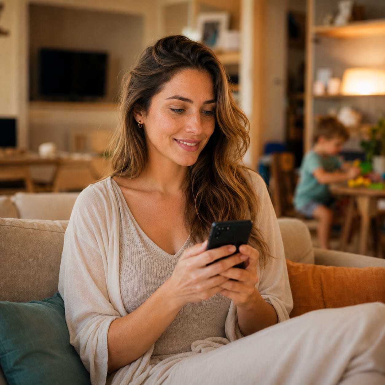 Mãe em casa verificando antecedentes de quem vai contratar pelo celular