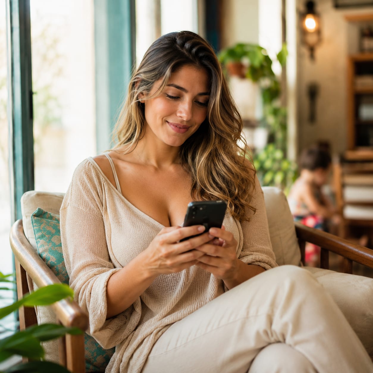 Mulher verificando informações de segurança pelo celular